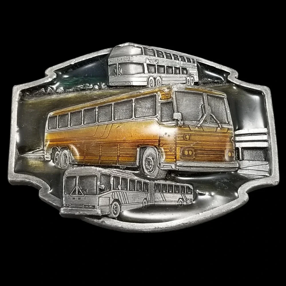 Buses Move the World Belt Buckle USA Made Transportation Collector Pewter Color‎